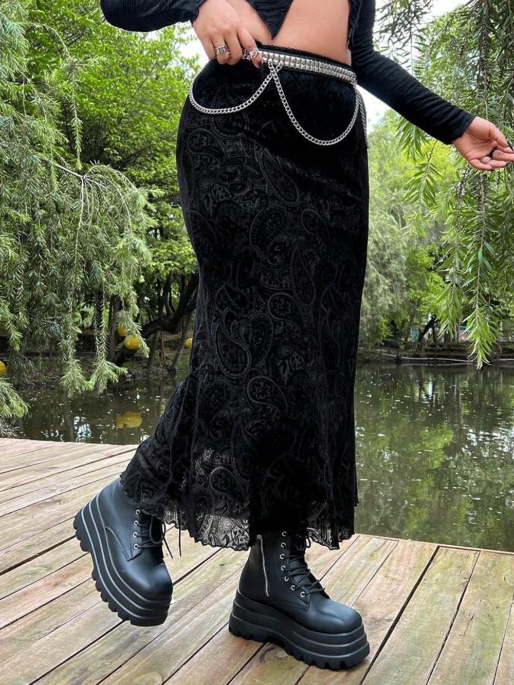 NWT Black Velvet Paisley Boho Midi Skirt 3XL Whimsigoth Mesh Fairy Grunge Witchy
